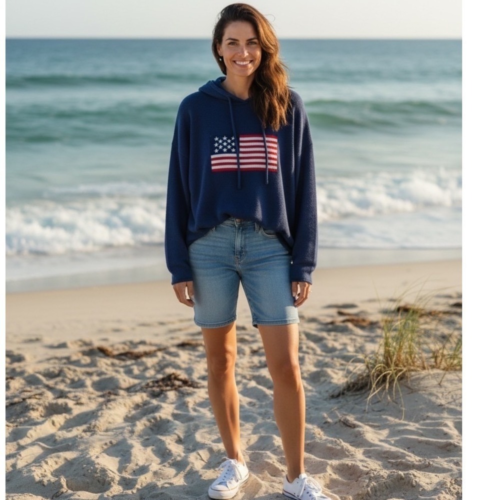 BRIT NY Blue American Flag Knit Hoodie Sweater‎ Sweatshirt Women's Cotton 2X NWT